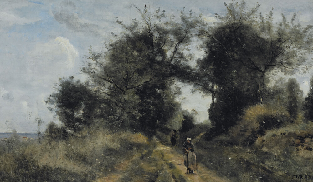 Jean-Baptiste-Camille Corot (French, 1796–1875), Le chemin des vieux, Luzancy, Seine-et-Marne (The Path of the Old People), 1871–72. Oil on canvas on Masonite, 2 7/8 x 22 in. Bequest of Charles Parsons, 1905.