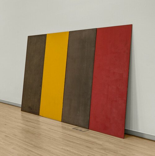 Richard Nonas (American, 1936–2021), Steel Drawing, 1990. Oil on 2 steel panels, 1 coated steel panel, and 1 uncoated steel panel, approx.  72 x 96 x 1/2 in. Long-term loan from Joanne Gold, Lauren Grien, Janice Dietz, Pamela Alexander, and families, in loving memory of Lenore and Burton Gold. 141.2023 a-d. 