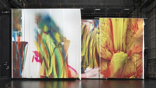 Katharina Grosse (German, b. 1961), Untitled, 2022. Three digital prints on fabric, 281 ½ × 330 11/17 in. (715 × 840 cm), 269 11/16 × 165 3/8 in. (685 × 420 cm), and 266 1/8 × 220 1/2 in. (676 × 560 cm). Installation at HAU Hebbel am Ufer, Berlin.