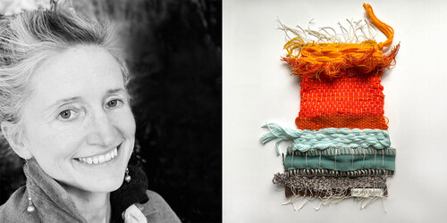 A colorful weaving of orange, red, blue, and black yarns of varying width; a headshot of Lynne Smith