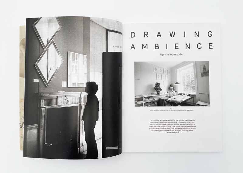 Interior spread of the book "Drawing Ambience: Alvin Boyarsky and the Architectural Association"