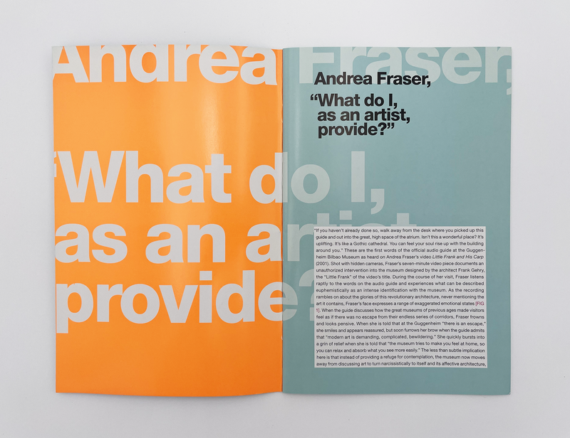Interior spread of the book "Andrea Fraser: 'What do I, as an artist, provide?'"
