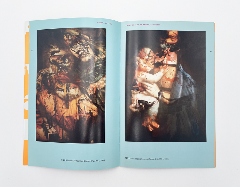 Interior spread of the book "Andrea Fraser: 'What do I, as an artist, provide?'"