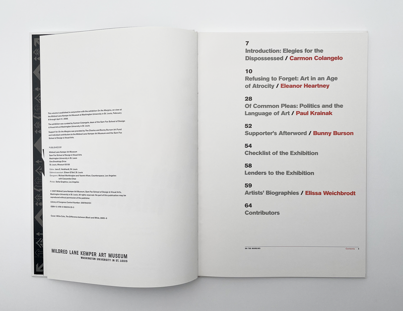 Interior spread of the book "On the Margins"